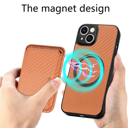 For iPhone 14 Carbon Fiber Leather Card Magsafe Magnetic Phone Case(Brown) by bashfashion