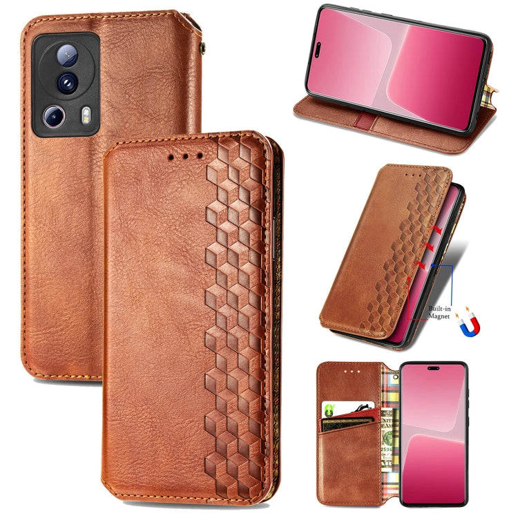 For Xiaomi 13 Lite Cubic Grid Pressed Magnetic Leather Phone Case(Brown) by bashfashion