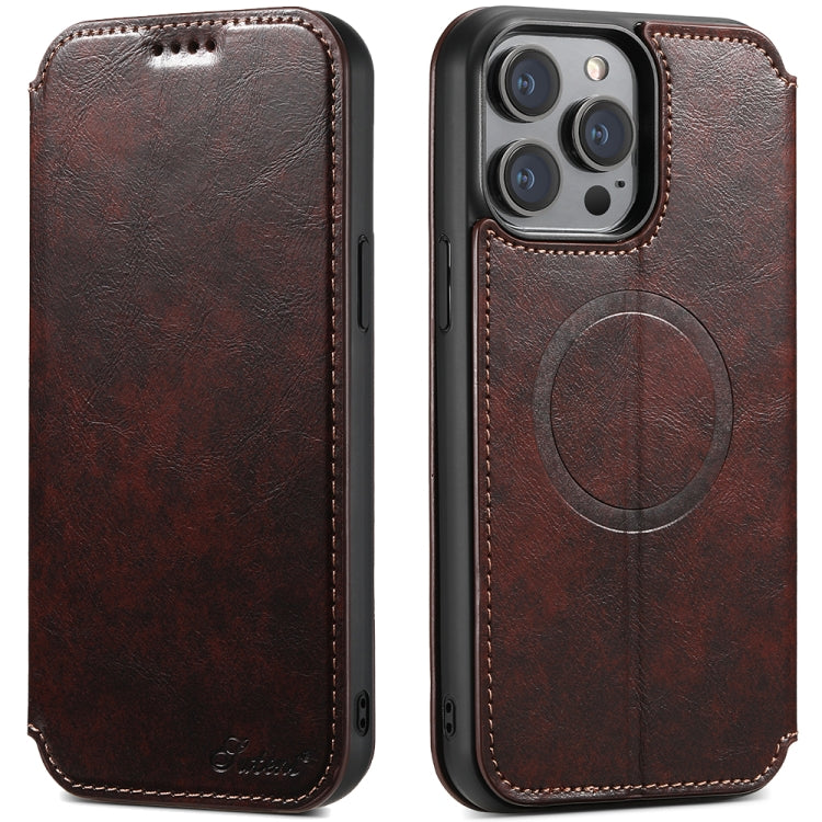 For iPhone 12 / 12 Pro Suteni J05 Leather Magnetic Magsafe Phone Case(Brown) by Suteni
