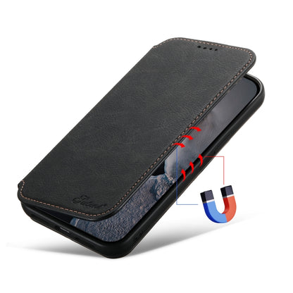 For iPhone 13 Pro Max Suteni J06 Retro Matte Litchi Texture Leather Magnetic Magsafe Phone Case(Black) by Suteni