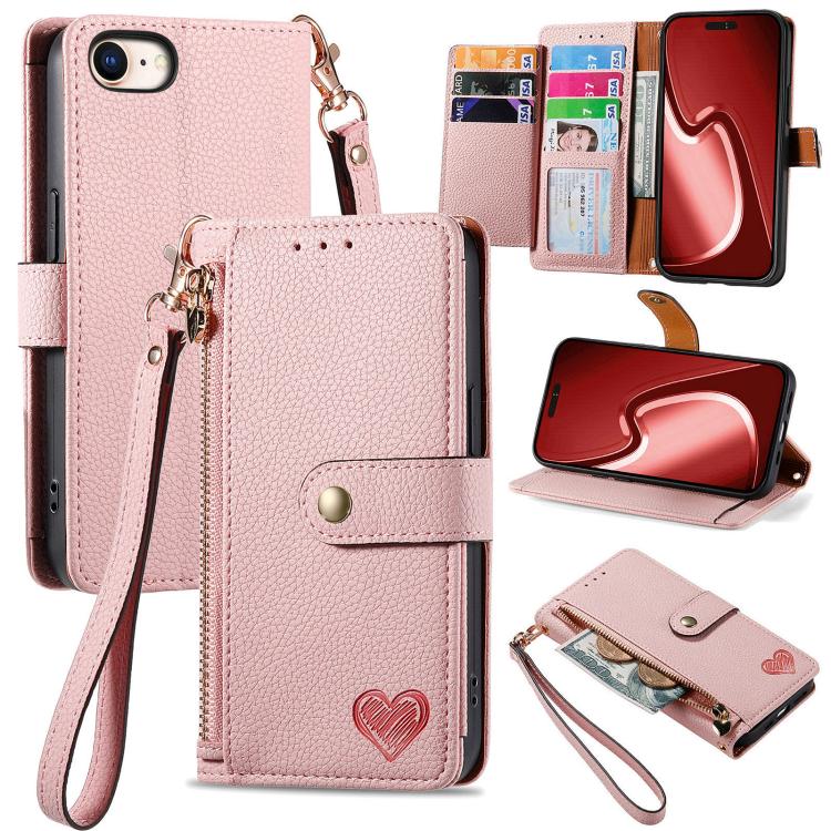 For iPhone 16e Love Zipper Lanyard Leather Phone Case(Pink) by bashfashion