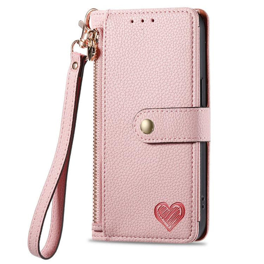 For iPhone 16e Love Zipper Lanyard Leather Phone Case(Pink) by bashfashion