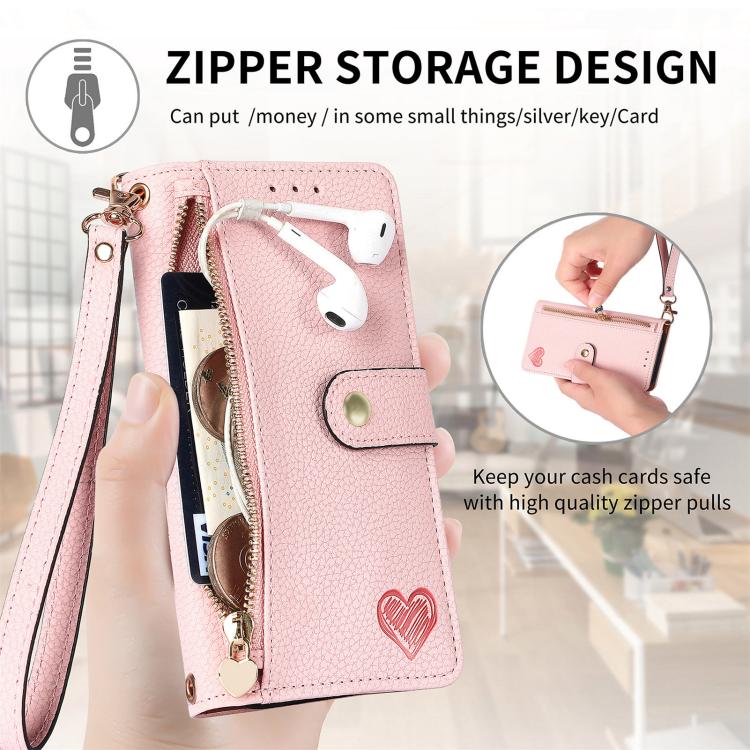 For iPhone 16e Love Zipper Lanyard Leather Phone Case(Pink) by bashfashion