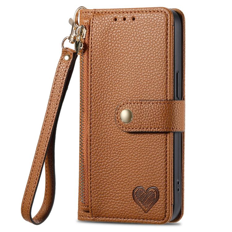 For iPhone 16e Love Zipper Lanyard Leather Phone Case(Brown) by bashfashion