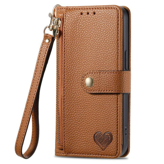 For iPhone 16e Love Zipper Lanyard Leather Phone Case(Brown) by bashfashion