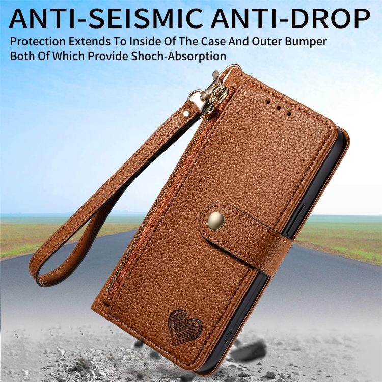 For iPhone 16e Love Zipper Lanyard Leather Phone Case(Brown) by bashfashion