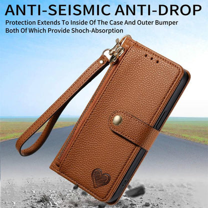 For iPhone 16e Love Zipper Lanyard Leather Phone Case(Brown) by bashfashion