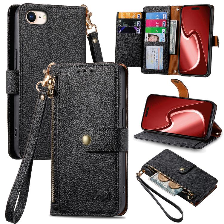 For iPhone 16e Love Zipper Lanyard Leather Phone Case(Black) by bashfashion
