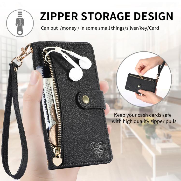 For iPhone 16e Love Zipper Lanyard Leather Phone Case(Black) by bashfashion