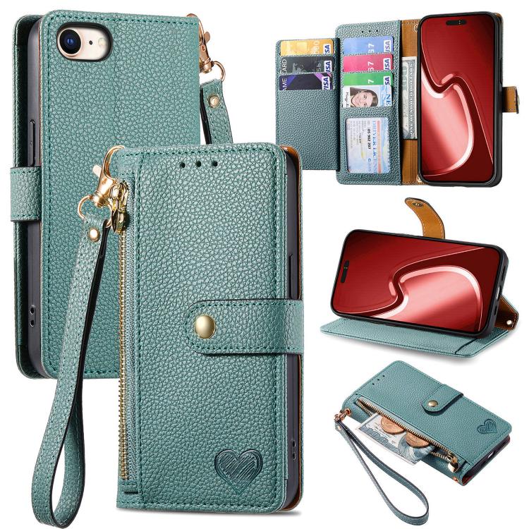 For iPhone 16e Love Zipper Lanyard Leather Phone Case(Green) by bashfashion