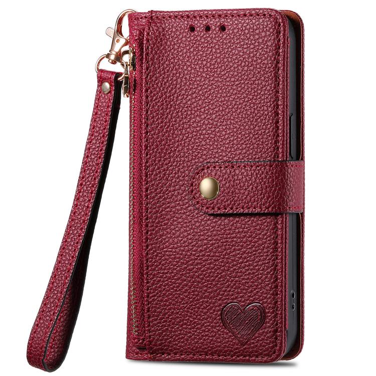 For iPhone 16e Love Zipper Lanyard Leather Phone Case(Red) by bashfashion