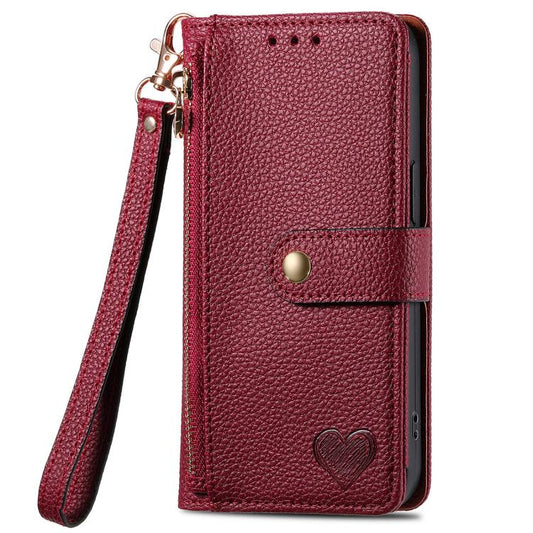 For iPhone 16e Love Zipper Lanyard Leather Phone Case(Red) by bashfashion