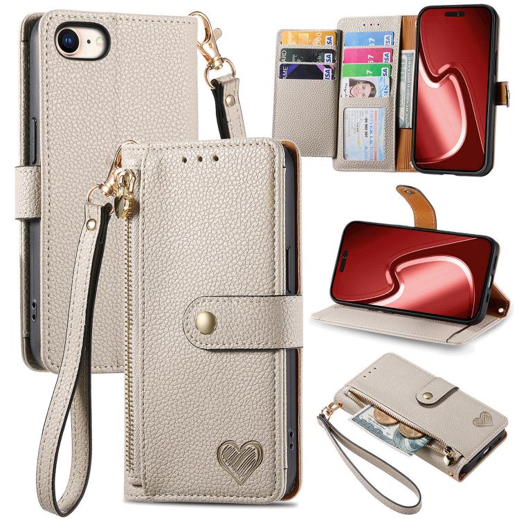 For iPhone 16e Love Zipper Lanyard Leather Phone Case(Gray) by bashfashion