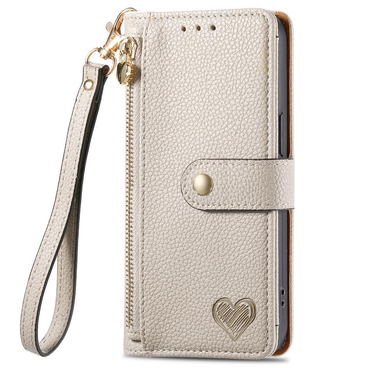 For iPhone 16e Love Zipper Lanyard Leather Phone Case(Gray) by bashfashion