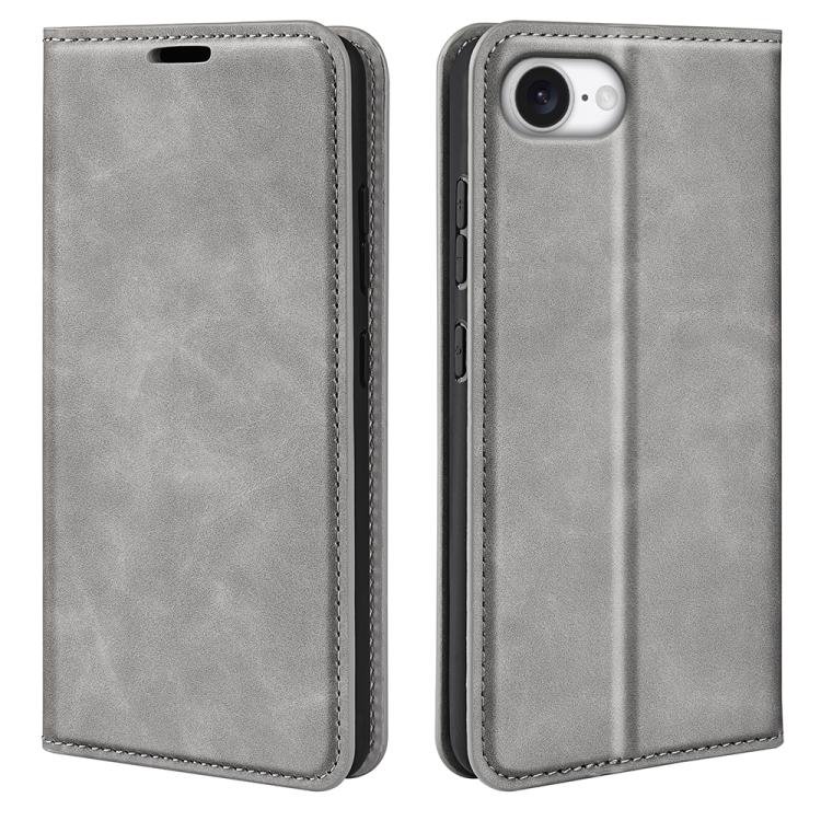 For iPhone 16e Retro-skin Magnetic Suction Leather Phone Case(Grey) by bashfashion