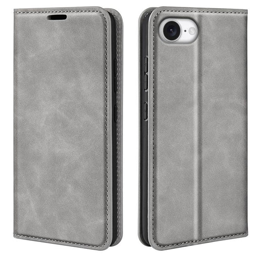 For iPhone 16e Retro-skin Magnetic Suction Leather Phone Case(Grey) by bashfashion