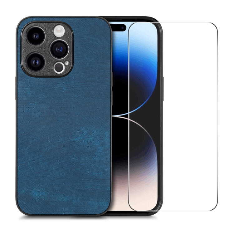 For iPhone 15 Pro Max ENKAY Retro Leather Skin PC Phone Case with High Aluminum-silicon Glass Film(Blue) by ENKAY