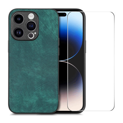 For iPhone 15 Pro ENKAY Retro Leather Skin PC Phone Case with High Aluminum-silicon Glass Film(Green) by ENKAY