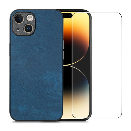 For iPhone 15 Plus ENKAY Retro Leather Skin PC Phone Case with High Aluminum-silicon Glass Film(Blue) by ENKAY