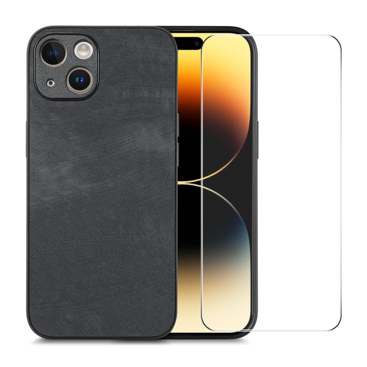 For iPhone 15 ENKAY Retro Leather Skin PC Phone Case with High Aluminum-silicon Glass Film(Black) by ENKAY