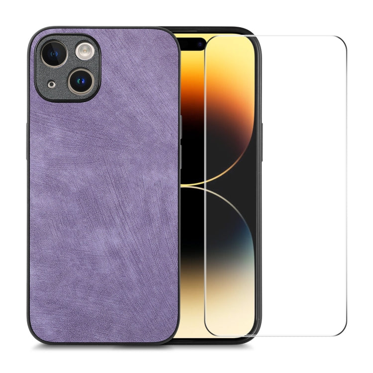 For iPhone 15 ENKAY Retro Leather Skin PC Phone Case with High Aluminum-silicon Glass Film(Purple) by ENKAY