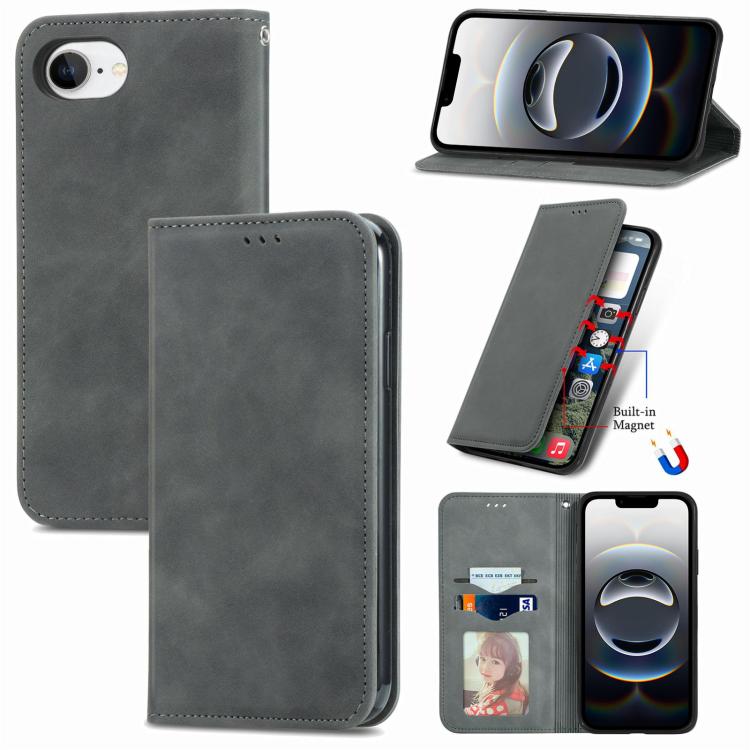 For iPhone 16e Retro Skin Feel Magnetic Flip Leather Phone Case(Gray) by bashfashion