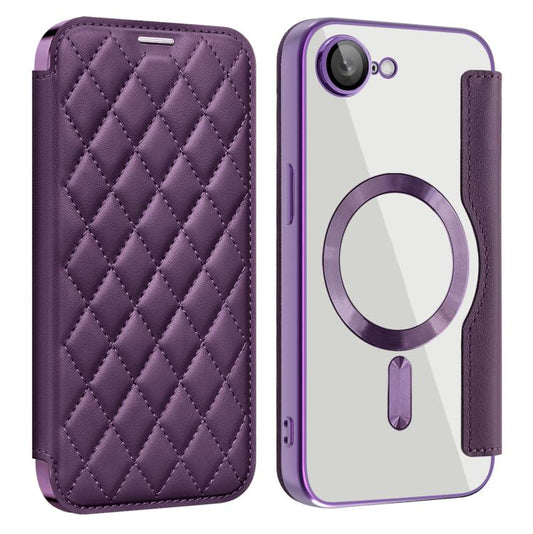 For iPhone 16e Shield Magsafe RFID Anti-theft Rhombus Leather Phone Case(Purple) by bashfashion
