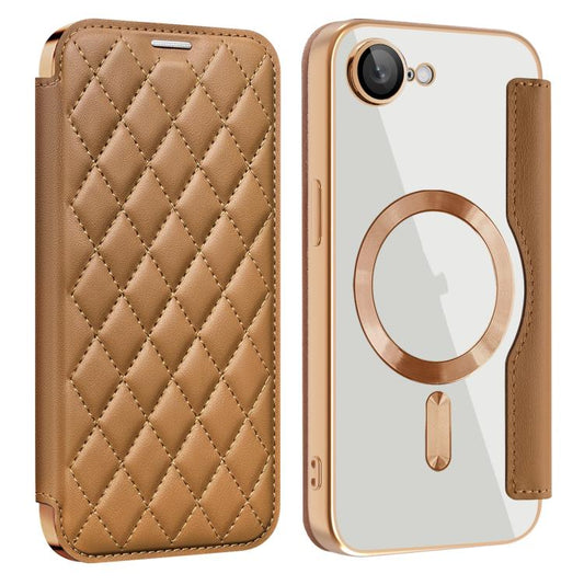 For iPhone 16e Shield Magsafe RFID Anti-theft Rhombus Leather Phone Case(Brown) by bashfashion