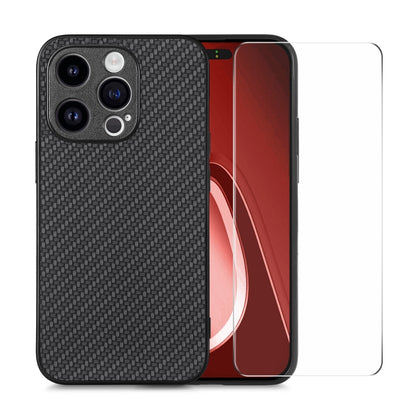 For iPhone 15 Pro Max ENKAY Fiber Leather Skin PC Phone Case with High Aluminum-silicon Glass Film(Black) by ENKAY