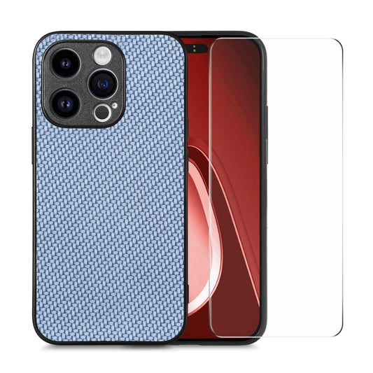 For iPhone 15 Pro Max ENKAY Fiber Leather Skin PC Phone Case with High Aluminum-silicon Glass Film(Blue) by ENKAY