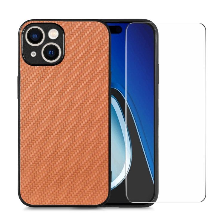 For iPhone 15 Plus ENKAY Fiber Leather Skin PC Phone Case with High Aluminum-silicon Glass Film(Brown) by ENKAY