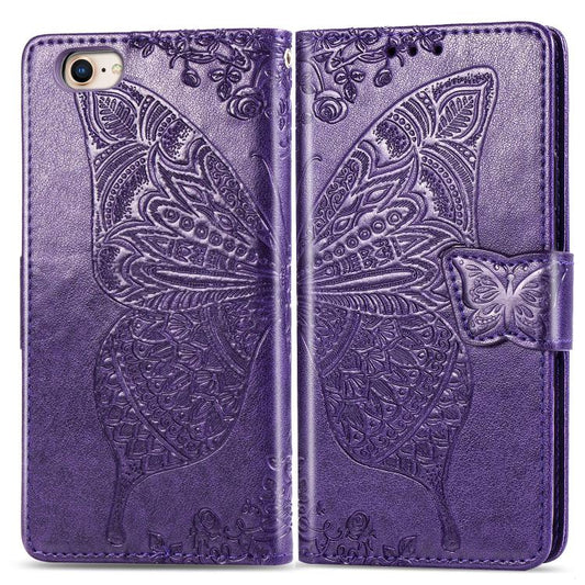 For iPhone 16e Butterfly Love Flower Embossed Leather Phone Case(Purple) by bashfashion