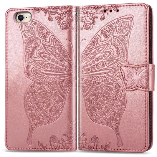 For iPhone 16e Butterfly Love Flower Embossed Leather Phone Case(Rose Gold) by bashfashion
