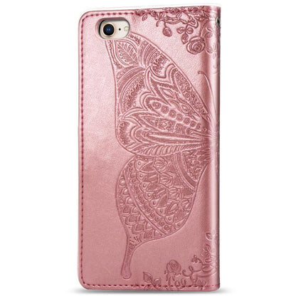 For iPhone 16e Butterfly Love Flower Embossed Leather Phone Case(Rose Gold) by bashfashion