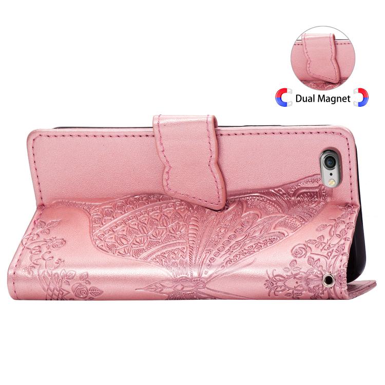 For iPhone 16e Butterfly Love Flower Embossed Leather Phone Case(Rose Gold) by bashfashion