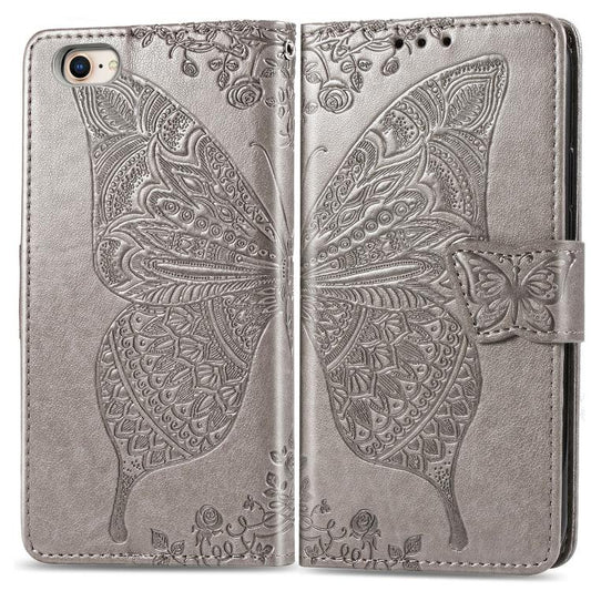 For iPhone 16e Butterfly Love Flower Embossed Leather Phone Case(Gray) by bashfashion