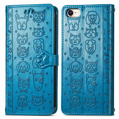 For iPhone 16e Cat and Dog Embossed Leather Phone Case(Blue) by bashfashion