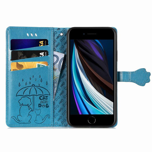 For iPhone 16e Cat and Dog Embossed Leather Phone Case(Blue) by bashfashion