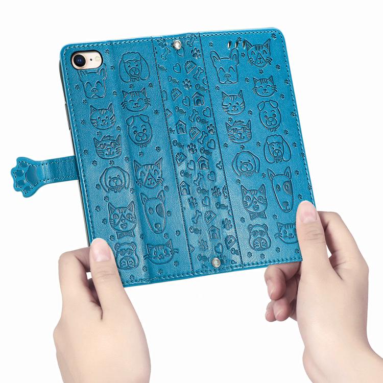 For iPhone 16e Cat and Dog Embossed Leather Phone Case(Blue) by bashfashion