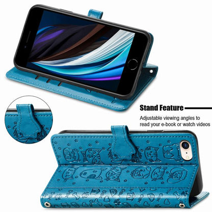 For iPhone 16e Cat and Dog Embossed Leather Phone Case(Blue) by bashfashion