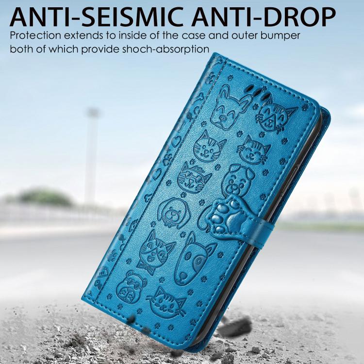 For iPhone 16e Cat and Dog Embossed Leather Phone Case(Blue) by bashfashion