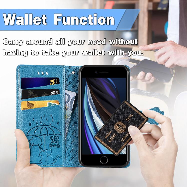 For iPhone 16e Cat and Dog Embossed Leather Phone Case(Blue) by bashfashion