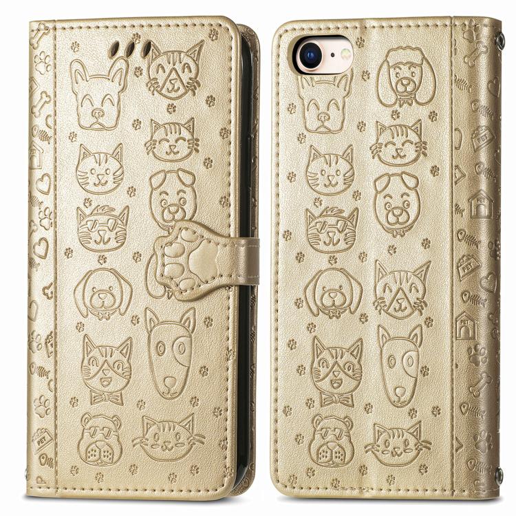 For iPhone 16e Cat and Dog Embossed Leather Phone Case(Gold) by bashfashion