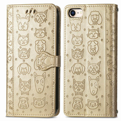 For iPhone 16e Cat and Dog Embossed Leather Phone Case(Gold) by bashfashion