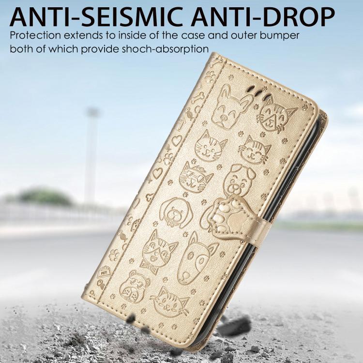 For iPhone 16e Cat and Dog Embossed Leather Phone Case(Gold) by bashfashion