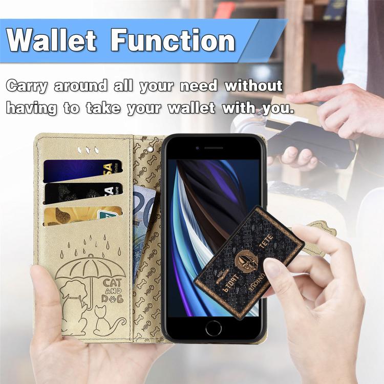 For iPhone 16e Cat and Dog Embossed Leather Phone Case(Gold) by bashfashion