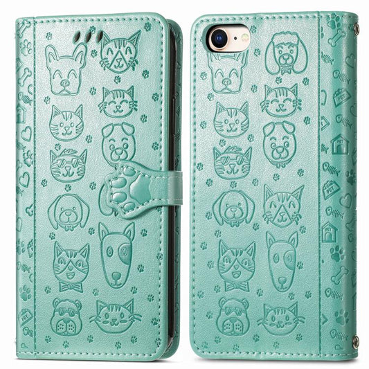 For iPhone 16e Cat and Dog Embossed Leather Phone Case(Green) by bashfashion