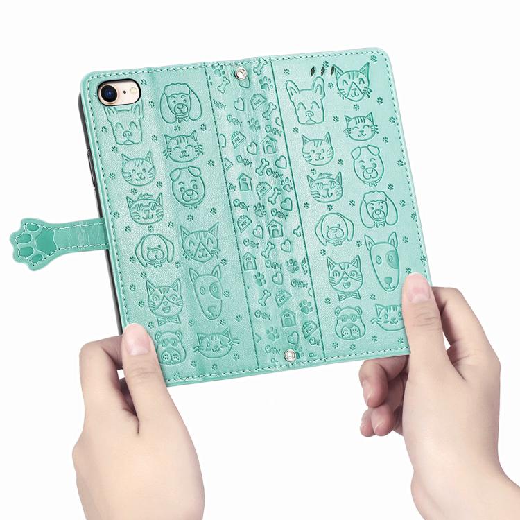 For iPhone 16e Cat and Dog Embossed Leather Phone Case(Green) by bashfashion