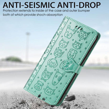 For iPhone 16e Cat and Dog Embossed Leather Phone Case(Green) by bashfashion