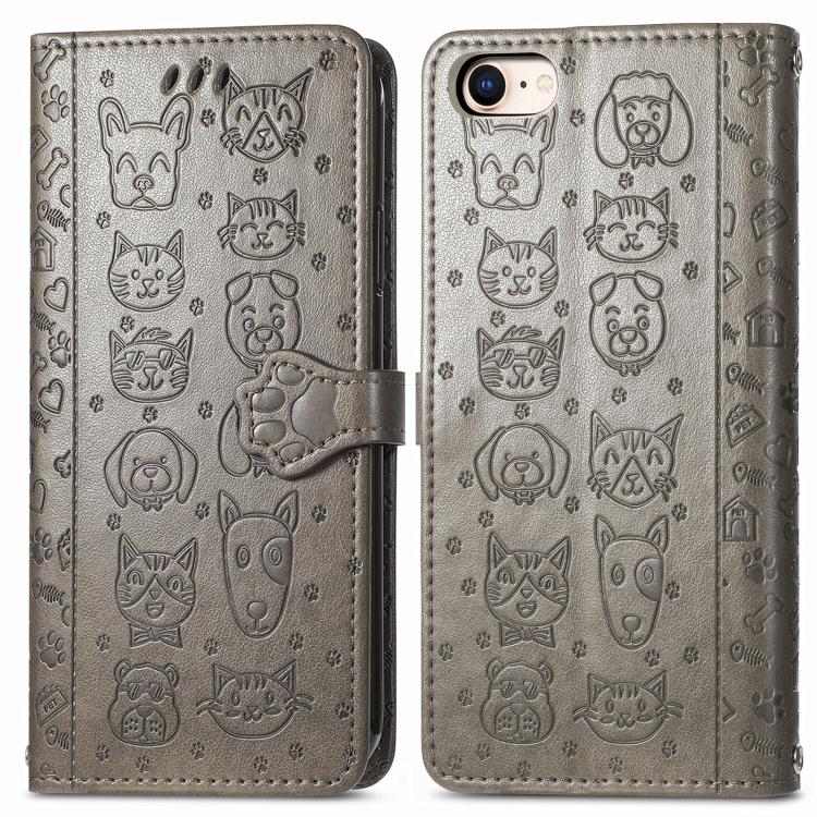 For iPhone 16e Cat and Dog Embossed Leather Phone Case(Gray) by bashfashion